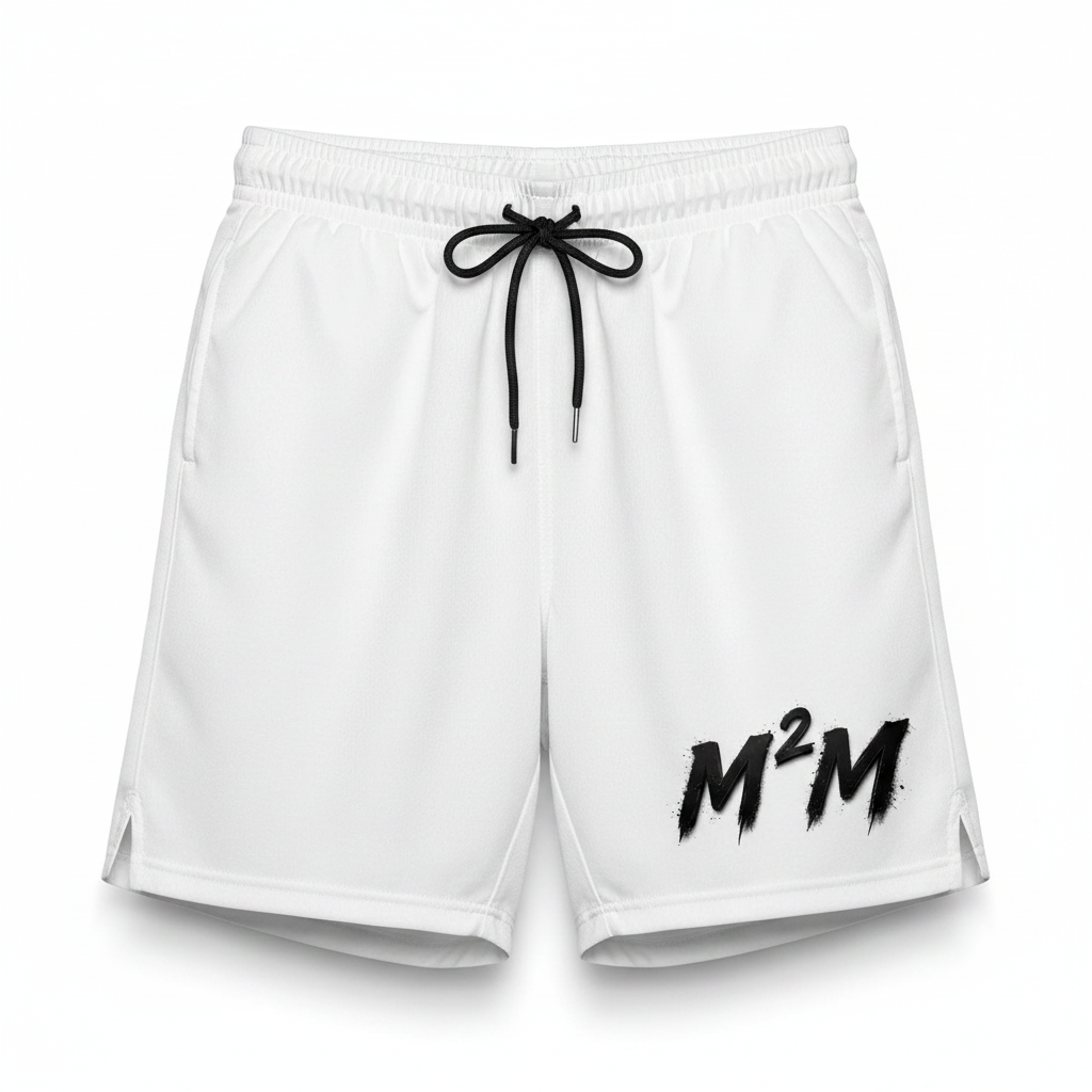 White shorts with M2M brushstroke logo on left leg